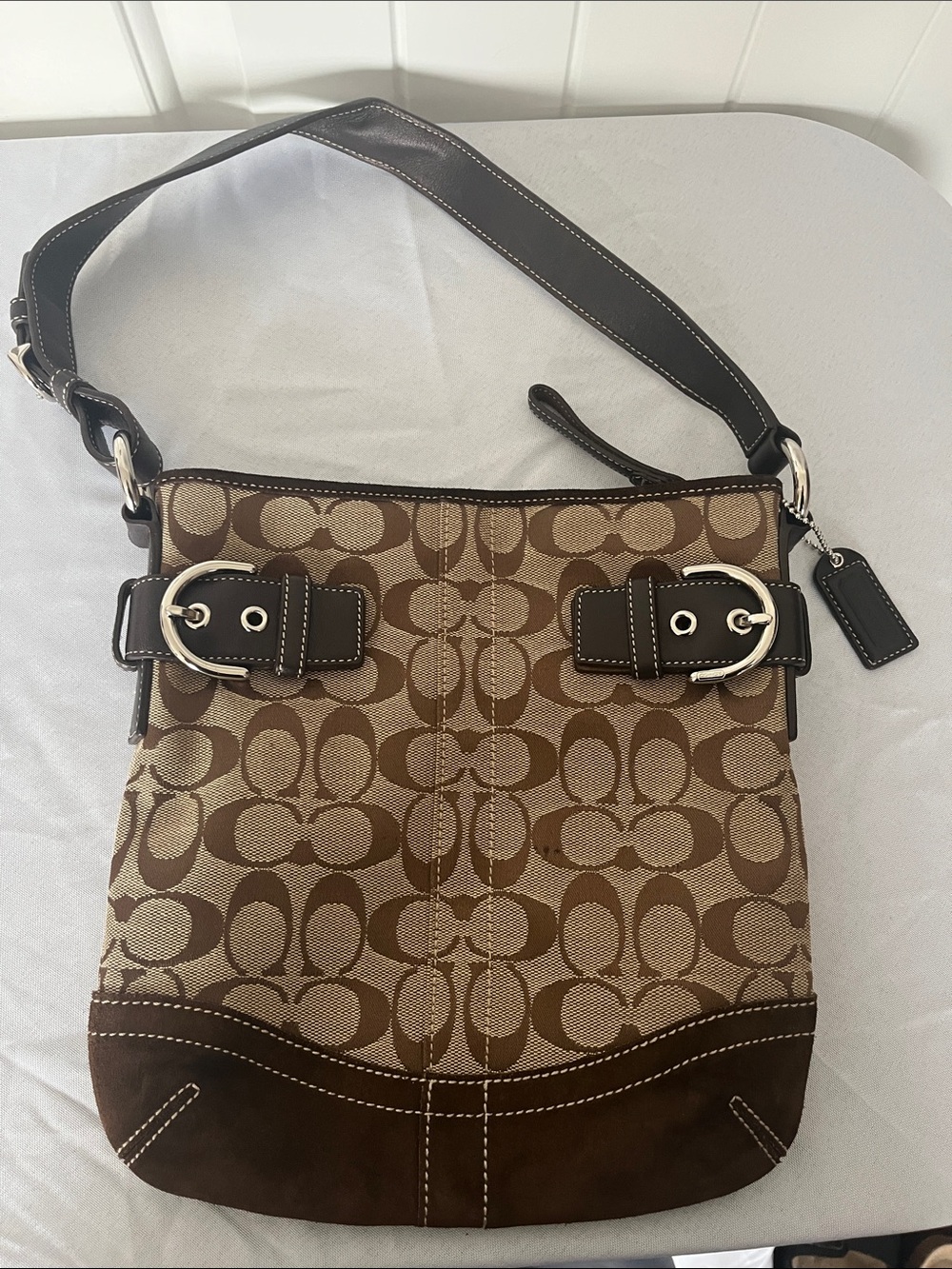 Coach Brown Signature Canvas Shoulder Bag with Dark Brown Trim
